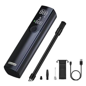 Portable electric air pump with digital display, extension hose, various nozzles, USB charging cable, and carrying pouch. Suitable for inflating tires and sports equipment.