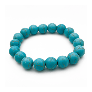 A bracelet made of round blue-green turquoise beads with visible marbling, strung together to form a complete circle.