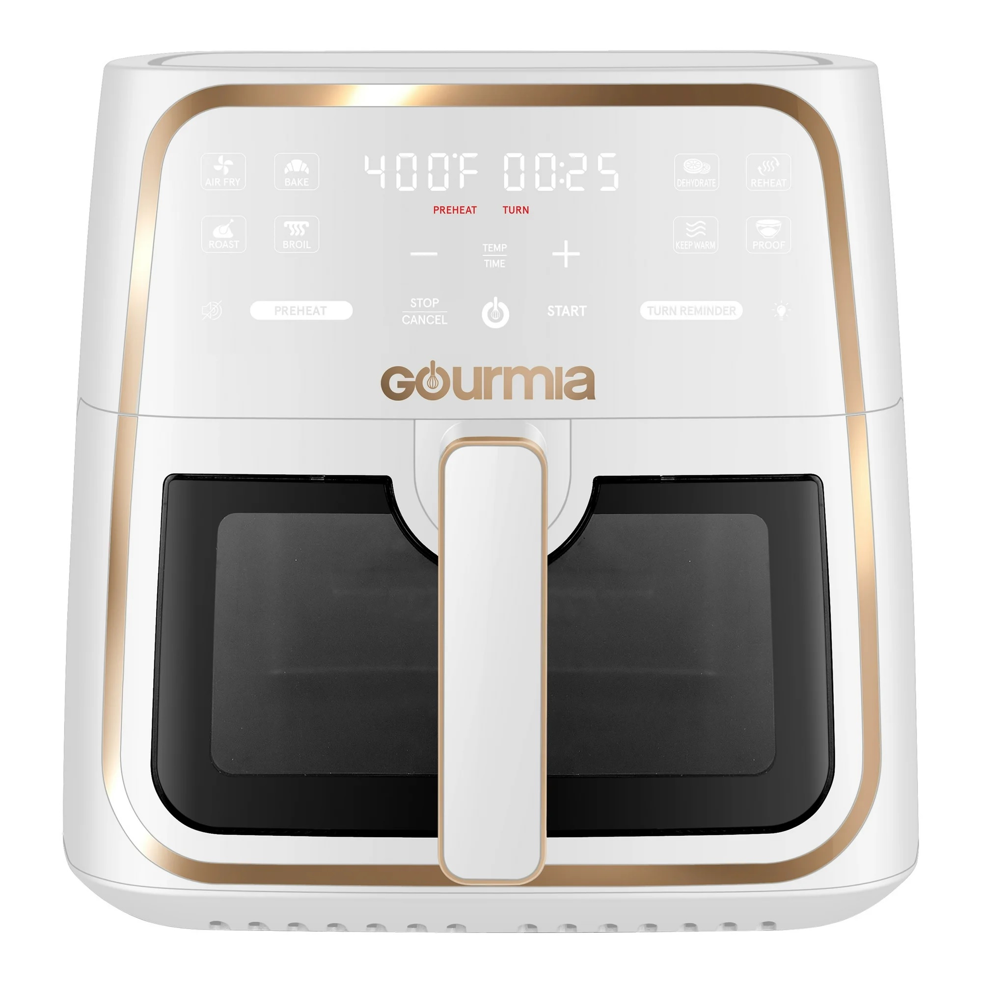 The Gourmia 8-Quart Digital Air Fryer features a white and gold design with a digital display, offering functions like air fry, bake, roast, and more, with temperature and time settings.