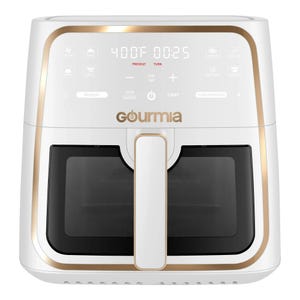 The Gourmia 8-Quart Digital Air Fryer features a white and gold design with a digital display, offering functions like air fry, bake, roast, and more, with temperature and time settings.