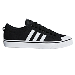 Adidas Men's Nizza Shoes feature a black canvas upper with white three-stripe detailing and a rubber toe cap. They have a low-profile silhouette and a white rubber sole for a classic, casual look.