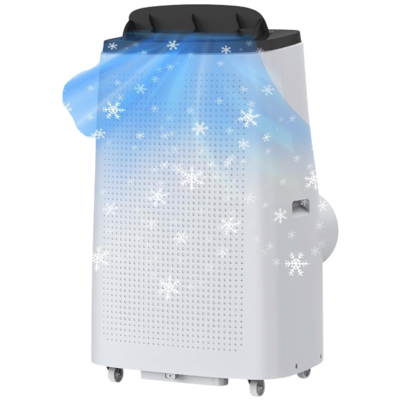 Portable 14,000 BTU air conditioner with a sleek design, featuring caster wheels for easy mobility and a vent releasing cool air illustrated by snowflakes, ideal for cooling medium to large rooms.