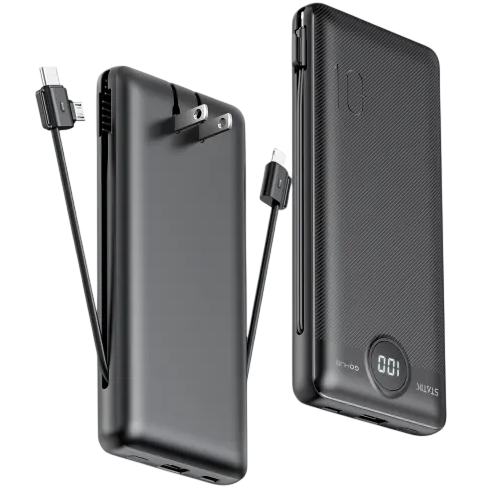 Two black portable power banks with built-in charging cables are shown. One features a foldable wall plug, and the other displays a digital charge indicator reading \“001\“.
