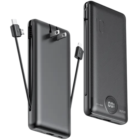 Two black portable power banks with built-in charging cables are shown. One features a foldable wall plug, and the other displays a digital charge indicator reading \“001\“.