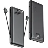 Two black portable power banks with built-in charging cables are shown. One features a foldable wall plug, and the other displays a digital charge indicator reading \“001\“.