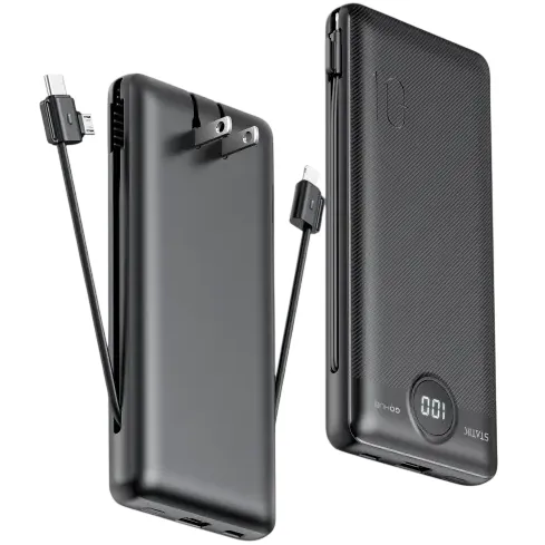 Two black portable power banks with built-in charging cables are shown. One features a foldable wall plug, and the other displays a digital charge indicator reading \“001\“.