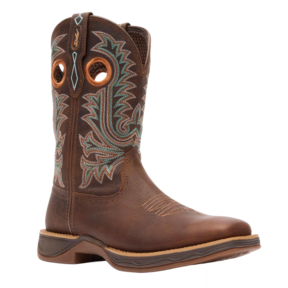 A brown leather cowboy boot featuring decorative turquoise and white stitching, with pull holes and a reinforced heel.