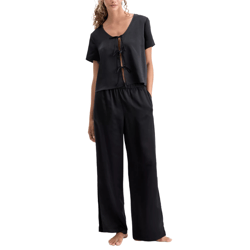 Two-piece set in black featuring a short-sleeve top with tie closures and wide-leg pants with an elastic waistband.