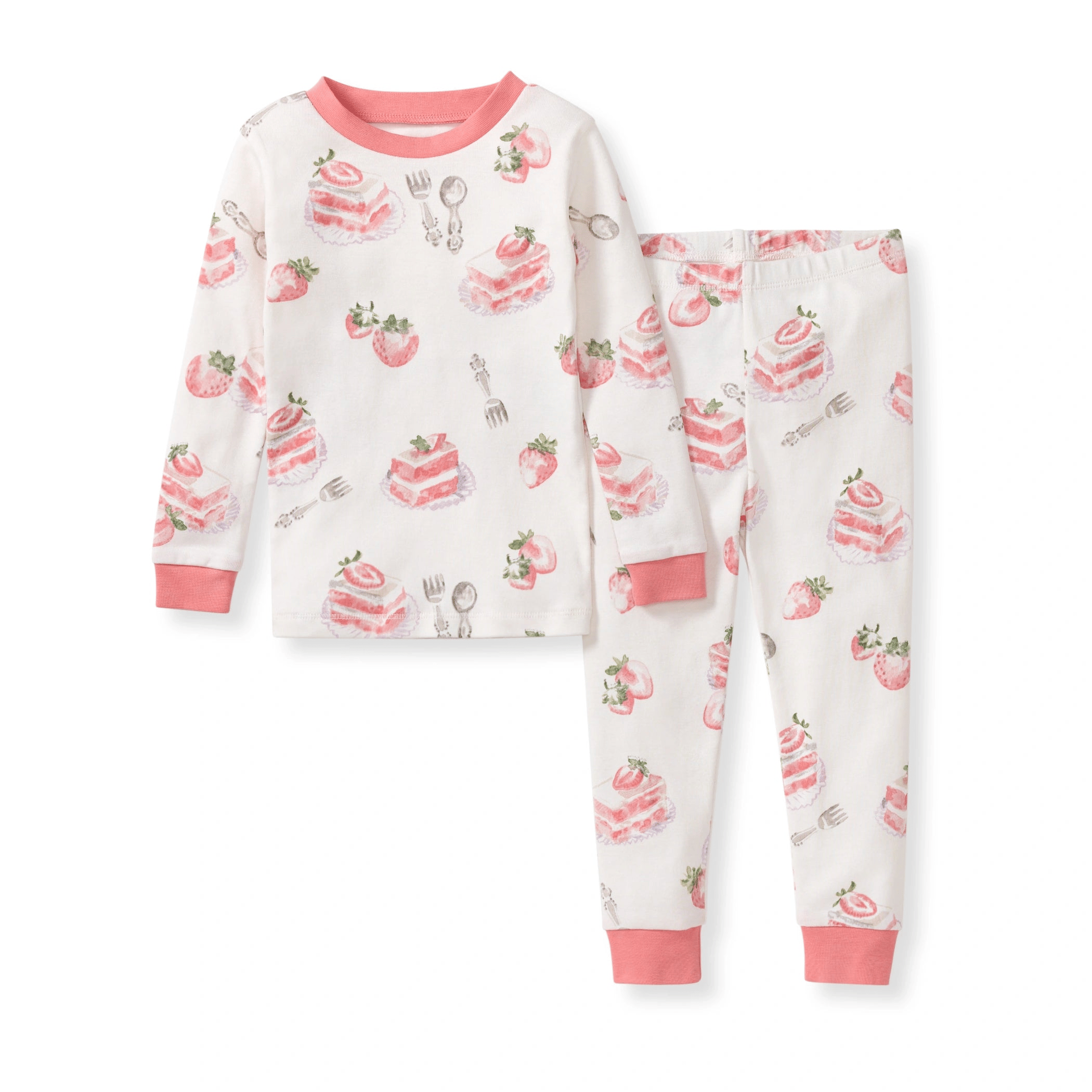 A children's pajama set featuring a long-sleeve top and pants with a pattern of pink pastries, strawberries, and utensils. The pajama has pink cuffs and a pink collar.