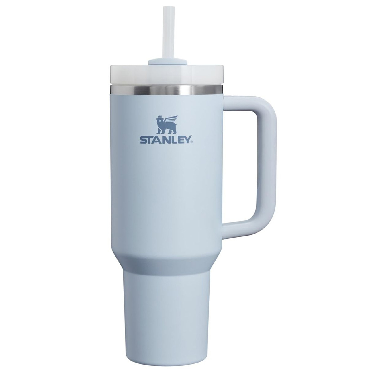 Light blue Stanley 40oz tumbler with handle, featuring a stainless steel rim and lid with a straw.