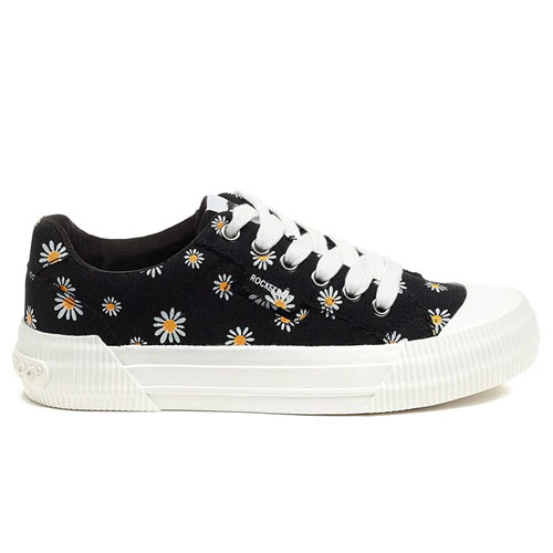 Black sneakers with daisy patterns, white laces, and a thick white sole.