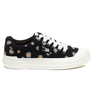 Black sneakers with daisy patterns, white laces, and a thick white sole.