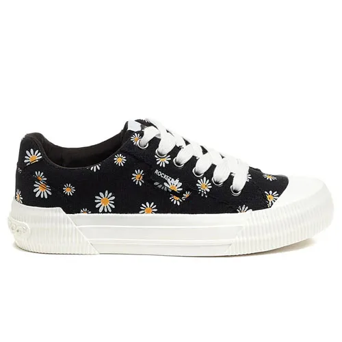 Black sneakers with daisy patterns, white laces, and a thick white sole.