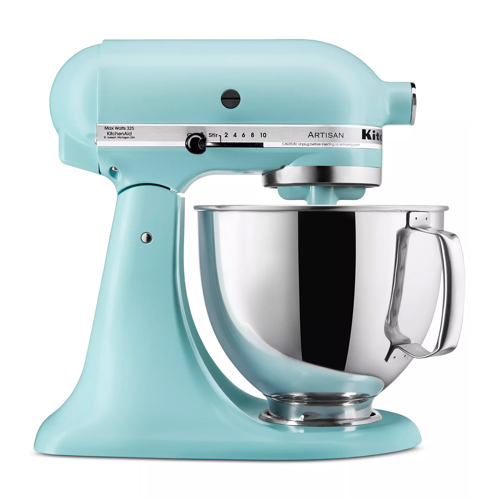 A turquoise stand mixer with a stainless steel mixing bowl and adjustable speed settings.