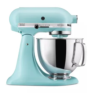 A turquoise stand mixer with a stainless steel mixing bowl and adjustable speed settings.