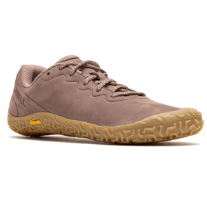 A brown Merrell athletic shoe featuring a nubuck leather upper, lace-up design, and yellow Vibram sole with a textured pattern.