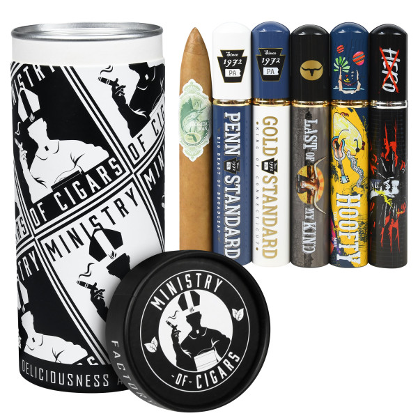 A collection of cigars packaged in a cylindrical container labeled \“Ministry of Cigars,\“ featuring five uniquely decorated cigar tubes and one unwrapped cigar.