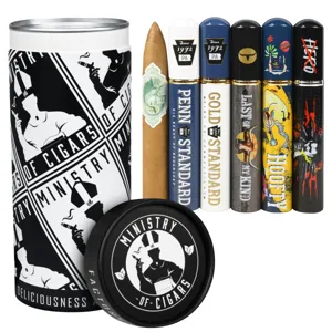 A collection of cigars packaged in a cylindrical container labeled \“Ministry of Cigars,\“ featuring five uniquely decorated cigar tubes and one unwrapped cigar.