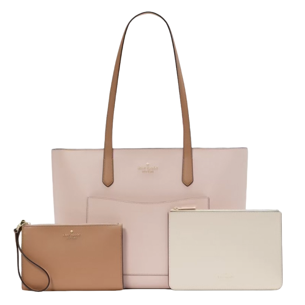 Kate Spade Colorblock Large Tote Set includes a pink tote with tan handles, a smaller tan wristlet, and a cream pouch. Each piece features the Kate Spade New York logo.