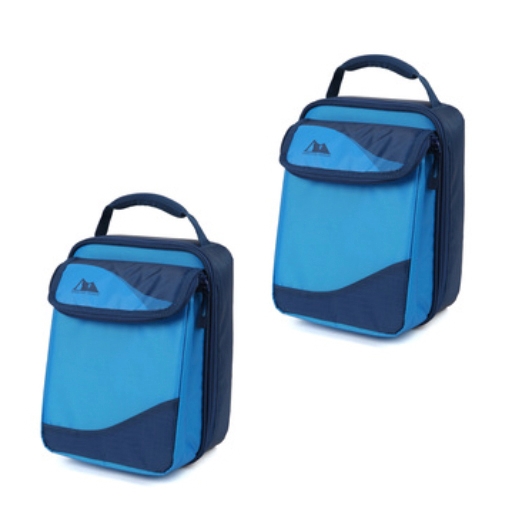 Two blue and navy insulated lunch boxes with carrying handles are shown side by side.