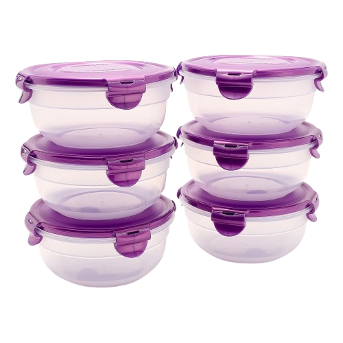 A set of six round nesting bowls with clear bodies and purple locking lids. Each bowl features secure snap-lock mechanisms for airtight storage.