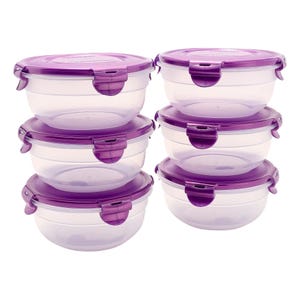 A set of six round nesting bowls with clear bodies and purple locking lids. Each bowl features secure snap-lock mechanisms for airtight storage.