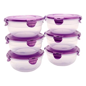 A set of six round nesting bowls with clear bodies and purple locking lids. Each bowl features secure snap-lock mechanisms for airtight storage.