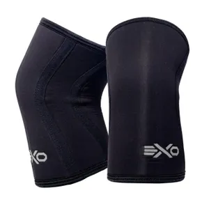 Pair of black knee sleeves with white EXO logo, designed to provide support and compression during physical activities.