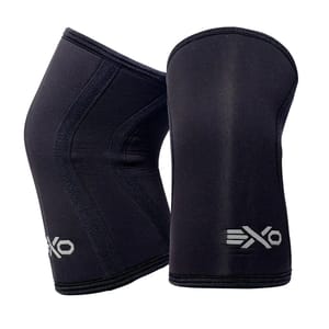 Pair of black knee sleeves with white EXO logo, designed to provide support and compression during physical activities.