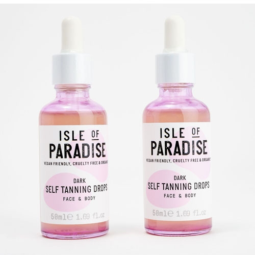 Two bottles of Isle of Paradise dark self-tanning drops for face and body, each with 50ml content, vegan friendly and cruelty-free.