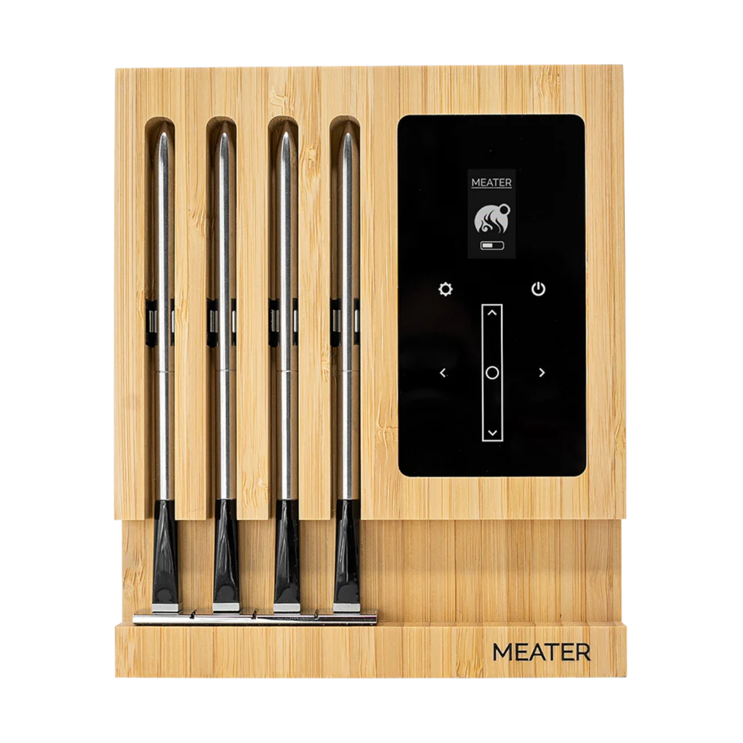 A set of four stainless steel meat thermometers with a bamboo charging block, featuring a digital display for monitoring temperatures.