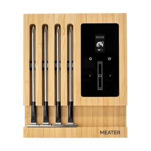 A set of four stainless steel meat thermometers with a bamboo charging block, featuring a digital display for monitoring temperatures.