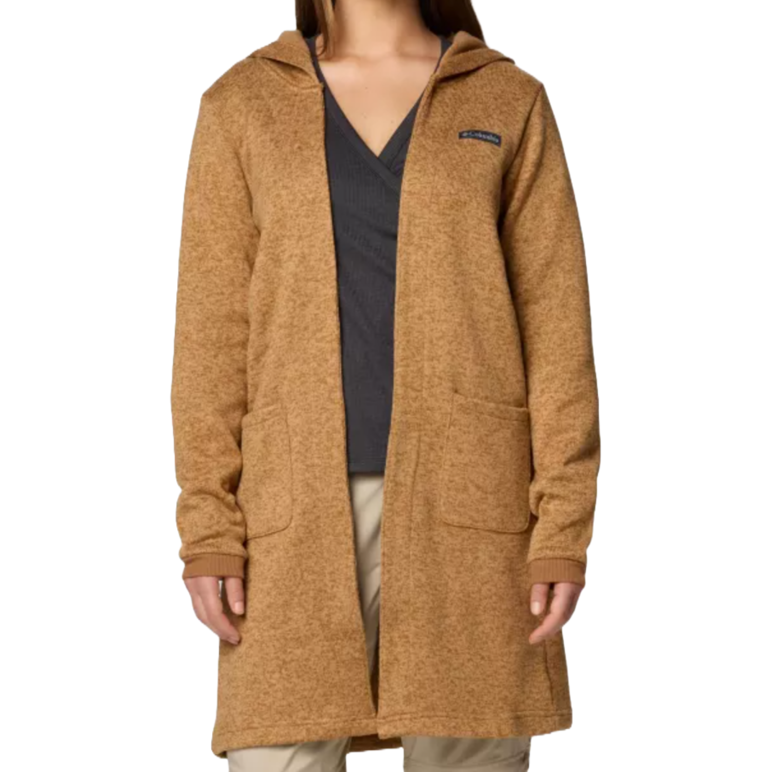 A tan hooded cardigan featuring long sleeves, front pockets, and a small logo on the left chest. It extends past the hips and has ribbed cuffs.