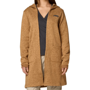 A tan hooded cardigan featuring long sleeves, front pockets, and a small logo on the left chest. It extends past the hips and has ribbed cuffs.