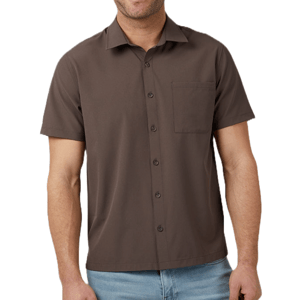 A brown, short-sleeve, button-up shirt with a collar and a chest pocket; paired with light blue jeans.