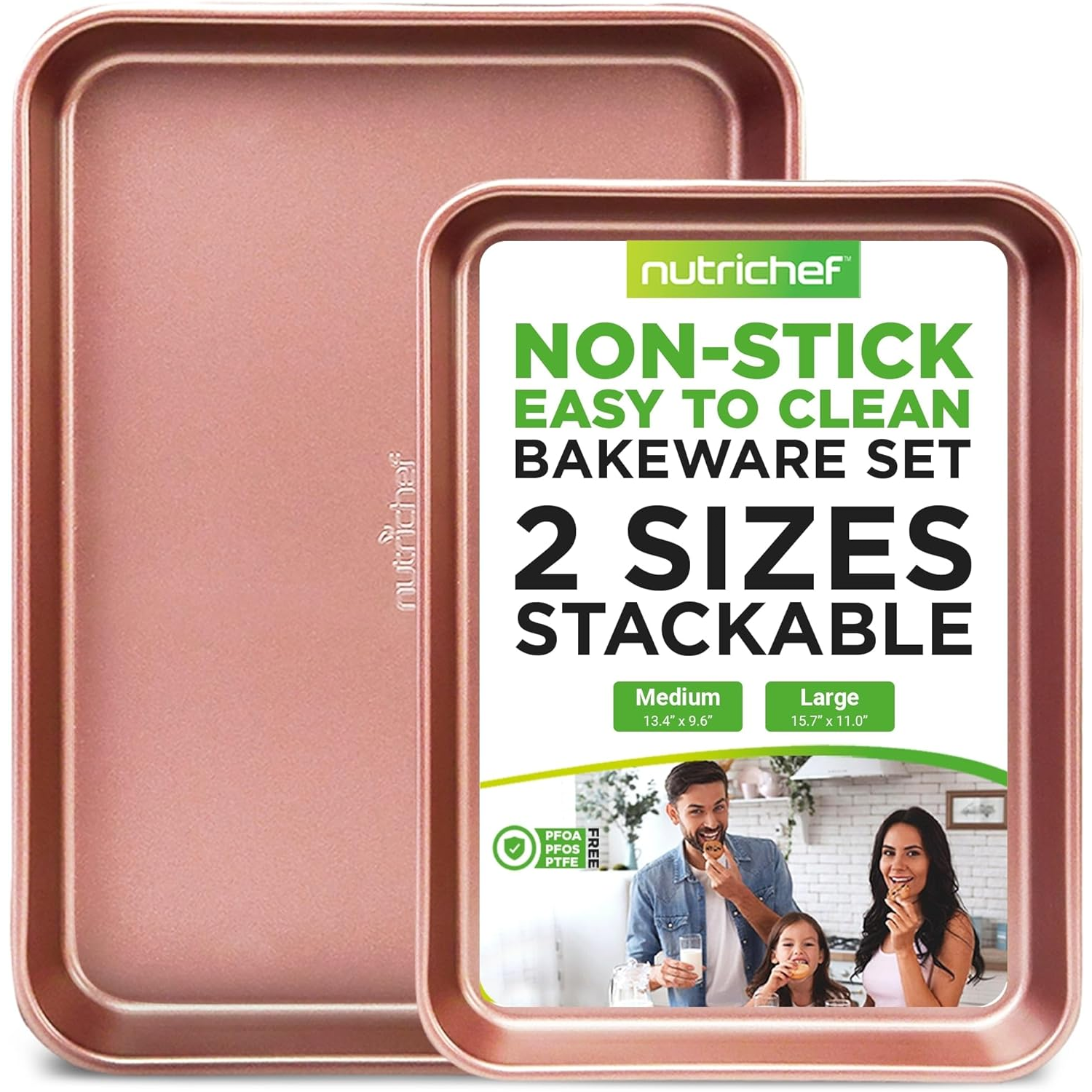 NutriChef non-stick bakeware set with two stackable sizes: Medium (13.4\“ x 9.6\“) and Large (15.7\“ x 11.0\“), easy to clean, PFOA/PFOS/PTFE free.