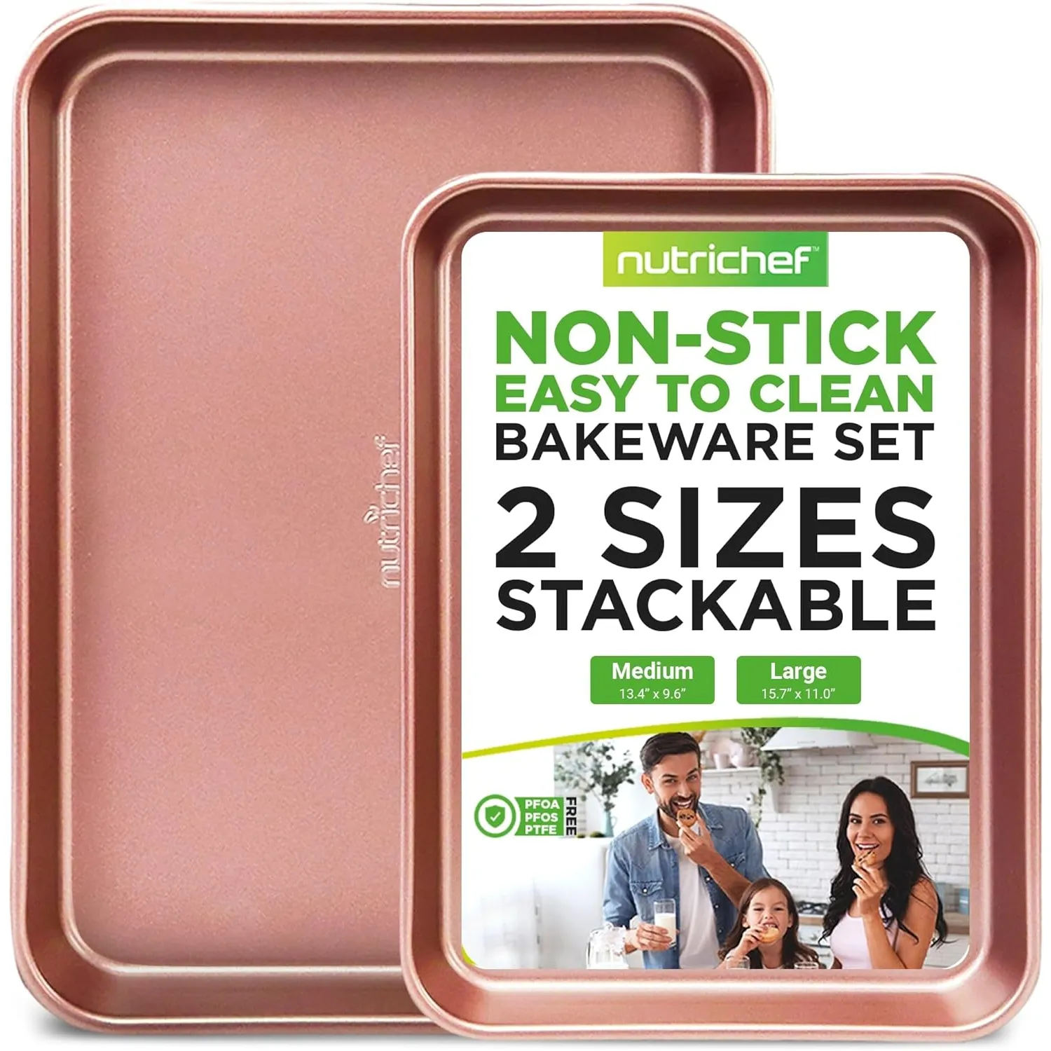 NutriChef non-stick bakeware set with two stackable sizes: Medium (13.4\“ x 9.6\“) and Large (15.7\“ x 11.0\“), easy to clean, PFOA/PFOS/PTFE free.