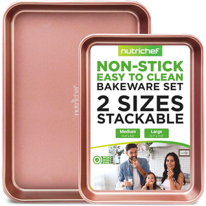 NutriChef non-stick bakeware set with two stackable sizes: Medium (13.4\“ x 9.6\“) and Large (15.7\“ x 11.0\“), easy to clean, PFOA/PFOS/PTFE free.