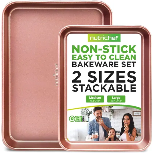 NutriChef non-stick bakeware set with two stackable sizes: Medium (13.4\“ x 9.6\“) and Large (15.7\“ x 11.0\“), easy to clean, PFOA/PFOS/PTFE free.