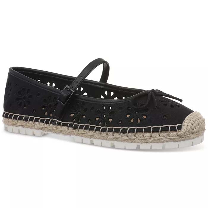 Black espadrille-style flat shoe with floral cutout design, buckle strap, and braided rope detail on the edge.