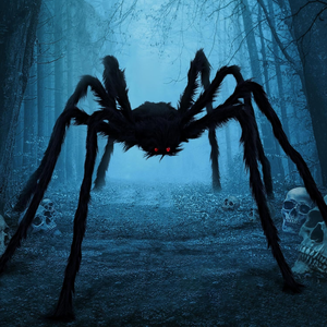 A large, black plush spider with red eyes stands in a foggy, eerie forest scene surrounded by skulls.