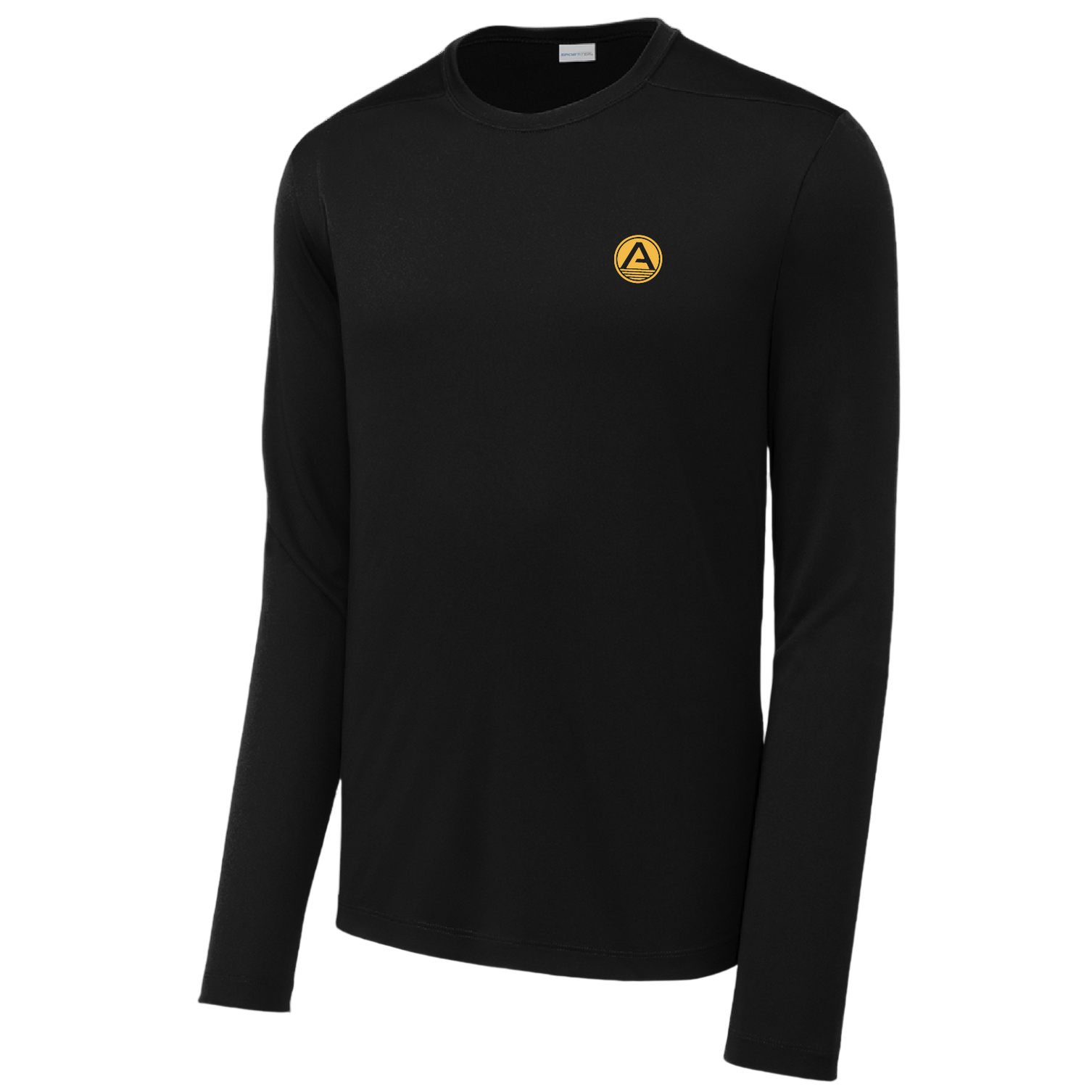 Black long-sleeve athletic shirt with a small round yellow logo featuring an \“A\“ on the chest.