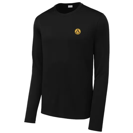Black long-sleeve athletic shirt with a small round yellow logo featuring an \“A\“ on the chest.