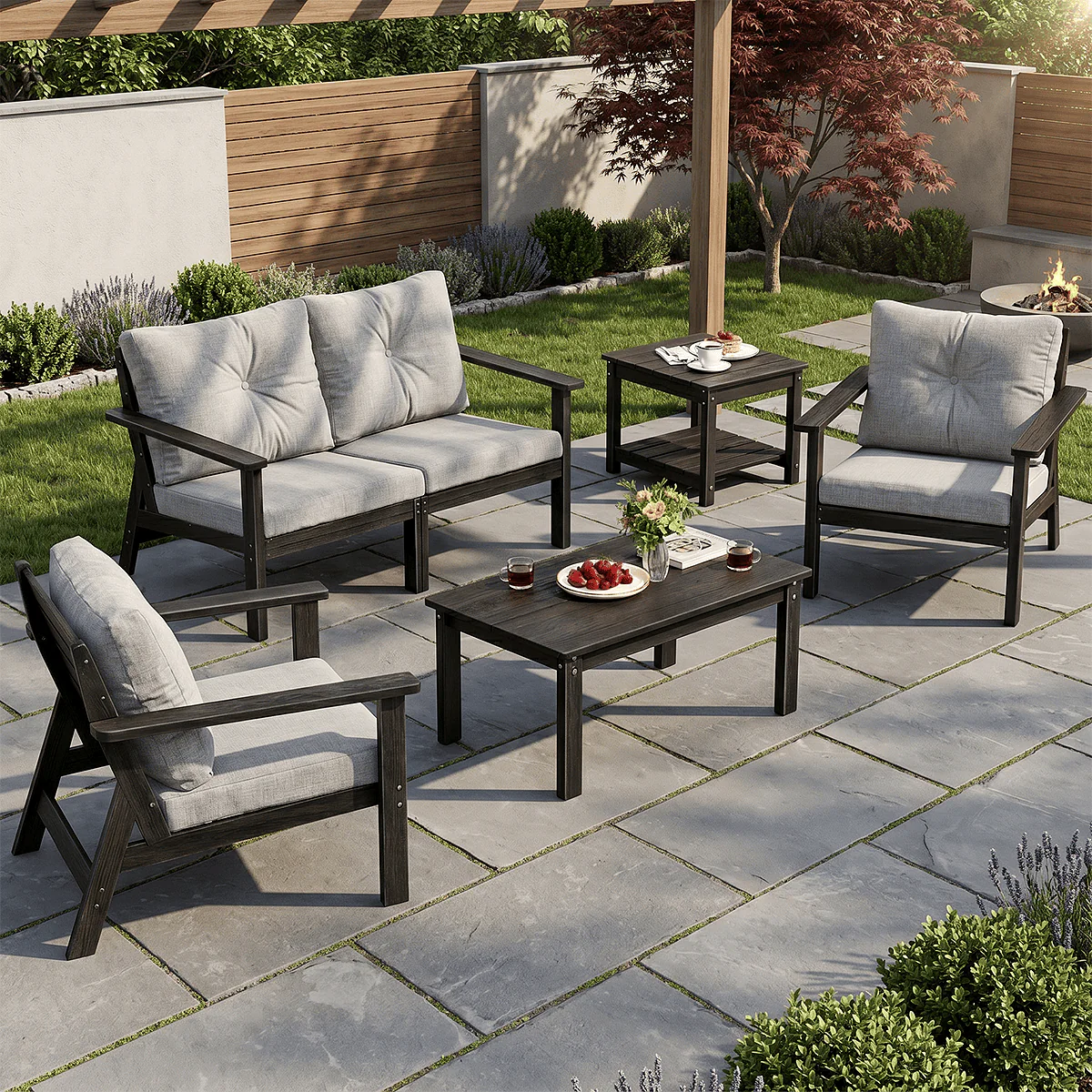 Outdoor patio set with two cushioned chairs, a loveseat, a coffee table, and a side table on a stone patio. The set features dark wood frames and light gray cushions.