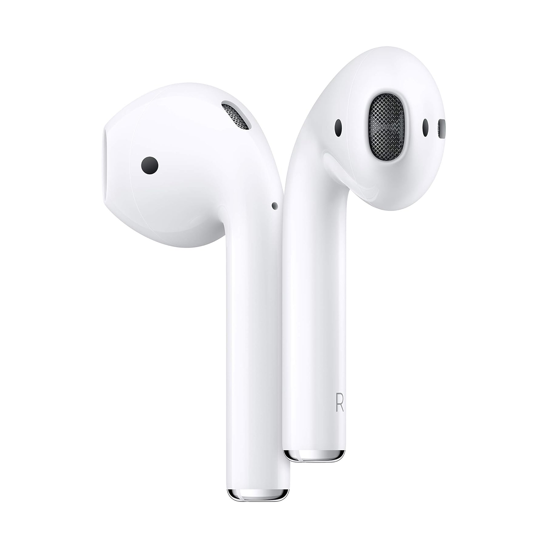 A pair of white wireless earbuds with long stems.