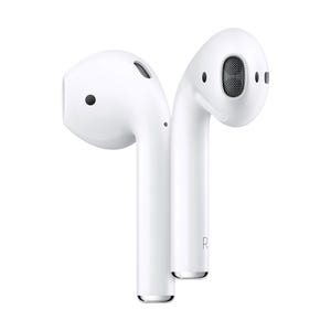 A pair of white wireless earbuds with long stems.