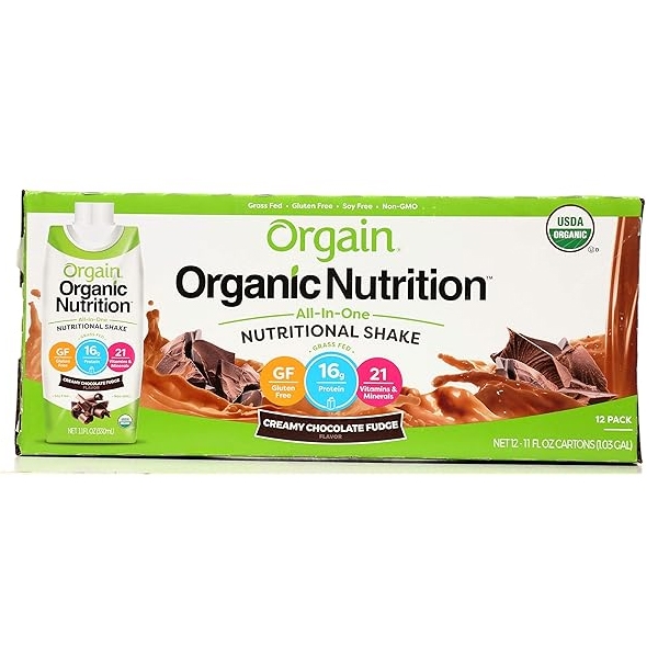 Orgain Organic Nutrition All-In-One Nutritional Shakes, Creamy Chocolate Fudge flavor, are non-GMO, gluten-free, and soy-free. Each shake has 16g of protein and 21 vitamins and minerals, available in a 12-pack of 11 fl oz cartons.