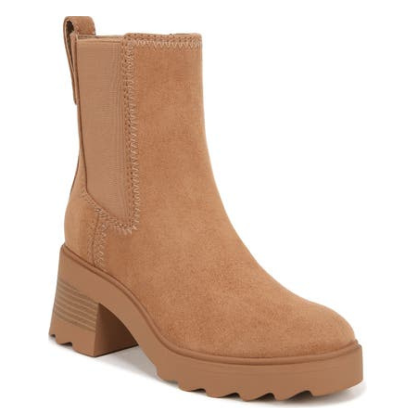 Tan suede platform booties with a chunky heel, a round toe, and a side zipper for closure. The sole has a ridged pattern for traction.