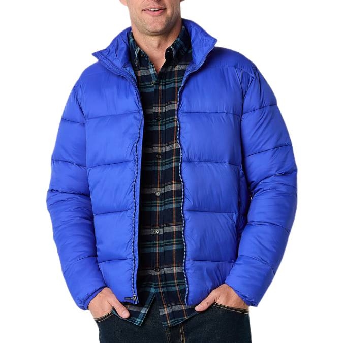A bright blue puffer jacket is shown, featuring a quilted design with horizontal stitching. It is worn over a dark plaid shirt.
