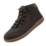 A dark brown high-top sneaker with tan accents, featuring a sleek design and \“HOBIBEAR\“ branding, leather-like upper material, padded tongue, and brown laces.